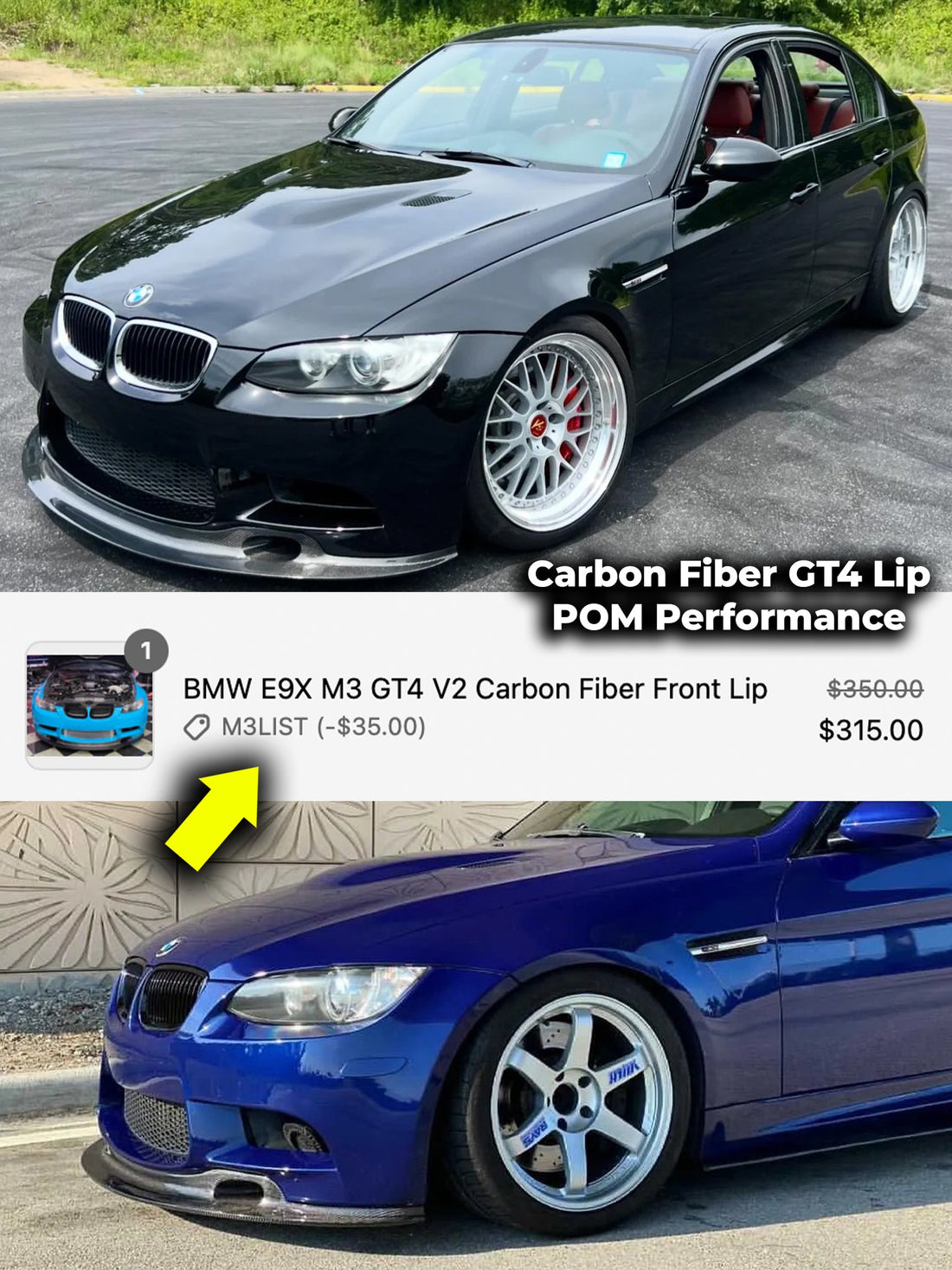GT4 carbon fiber splitters for BMW E9X M3 from Pom Performance. Discount coupons.
